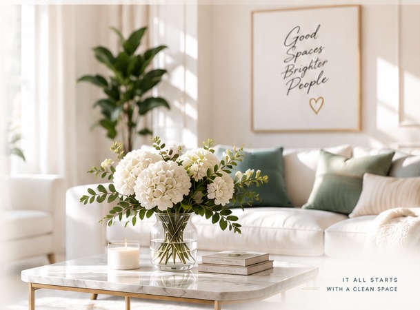 Bright clean living room with flowers